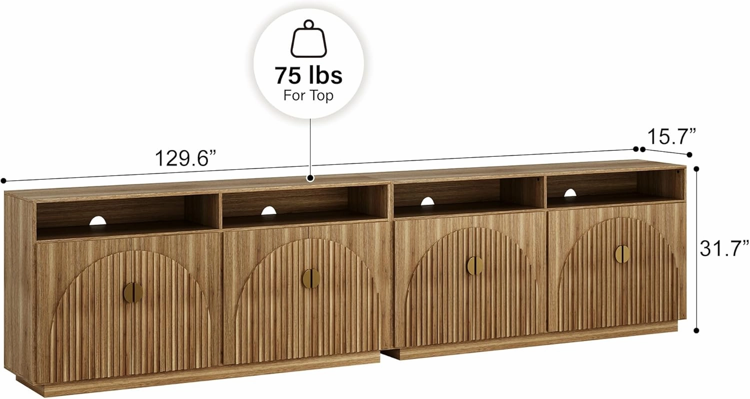 BELLEZE Set of 2 65 Inch Fluted TV Stand, Mid Century Modern Entertainment Center with Storage Cabinets & Open Shelves, Media Console TV Cabinet with Adjustable Shelves for Living Room, Caramel Brown