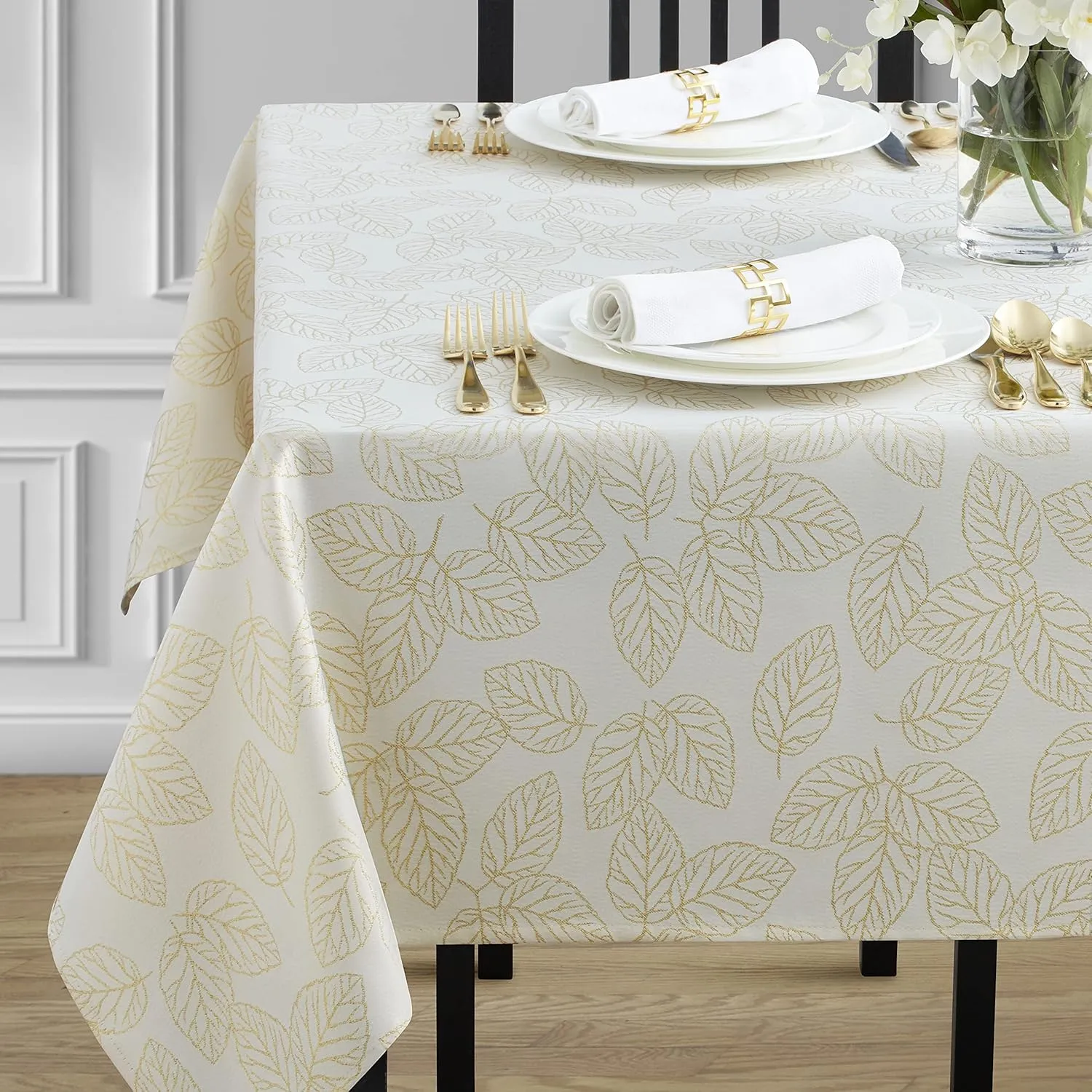 Benson Mills Twinkle Leaf Metallic Tablecloth, 60-INCH by 104-INCH, Ivory/Gold