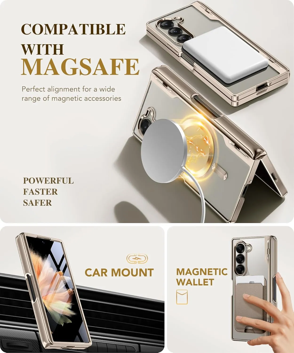 BERFY Upgraded Magnetic for Z Fold 6 Case with S Pen Holder, Compatible with Magsafe, [Built-in Screen Protector & Hinge Protection] Full-Body Slim Phone Case for Samsung Galaxy Z Fold 6, Grayish Gold