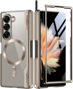 BERFY Upgraded Magnetic for Z Fold 6 Case with S Pen Holder, Compatible with Magsafe, [Built-in Screen Protector & Hinge Protection] Full-Body Slim Phone Case for Samsung Galaxy Z Fold 6, Grayish Gold