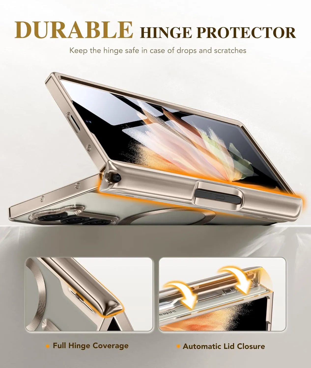 BERFY Upgraded Magnetic for Z Fold 6 Case with S Pen Holder, Compatible with Magsafe, [Built-in Screen Protector & Hinge Protection] Full-Body Slim Phone Case for Samsung Galaxy Z Fold 6, Grayish Gold