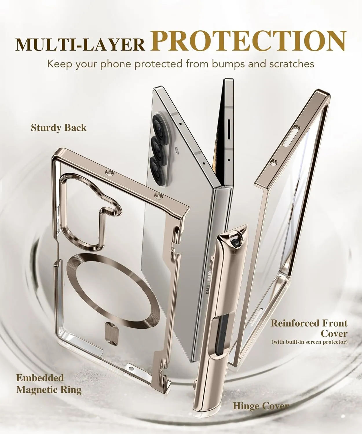 BERFY Upgraded Magnetic for Z Fold 6 Case with S Pen Holder, Compatible with Magsafe, [Built-in Screen Protector & Hinge Protection] Full-Body Slim Phone Case for Samsung Galaxy Z Fold 6, Grayish Gold