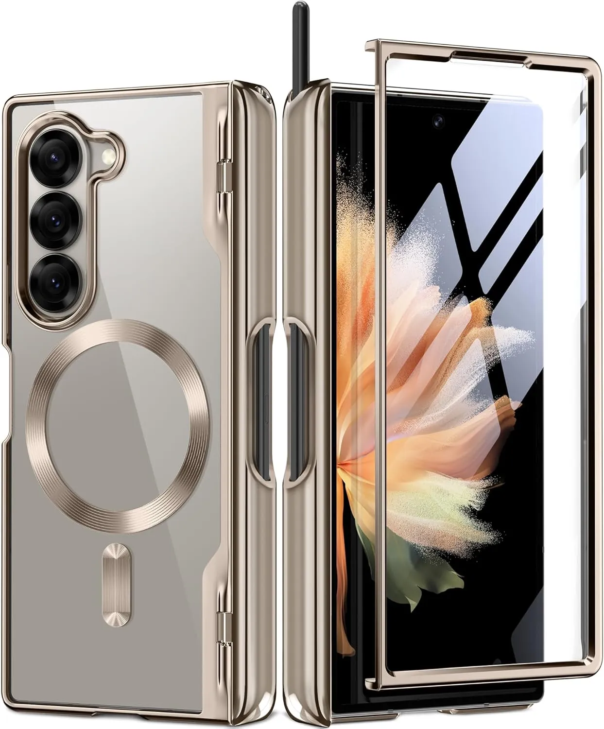 BERFY Upgraded Magnetic for Z Fold 6 Case with S Pen Holder, Compatible with Magsafe, [Built-in Screen Protector & Hinge Protection] Full-Body Slim Phone Case for Samsung Galaxy Z Fold 6, Grayish Gold