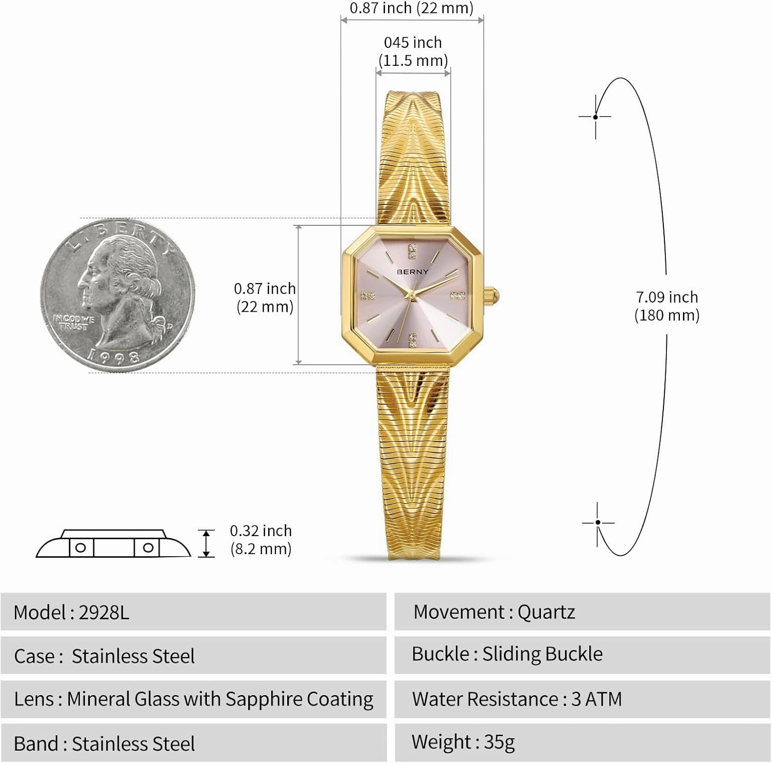 BERNY Vintage Gold Watches for Women, Octagonal Dainty Women's Wrist Watch, Ladies Analog Quartz Watches for Small Wrists, Waterproof All Stainless Steel Sunray Dial Luxury Birthday Present