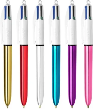 Bic 4 Colours Shine Retractable Ballpoint Pens, Medium Point (1.0 mm) - Assorted Metallic Barrels, Box of 12