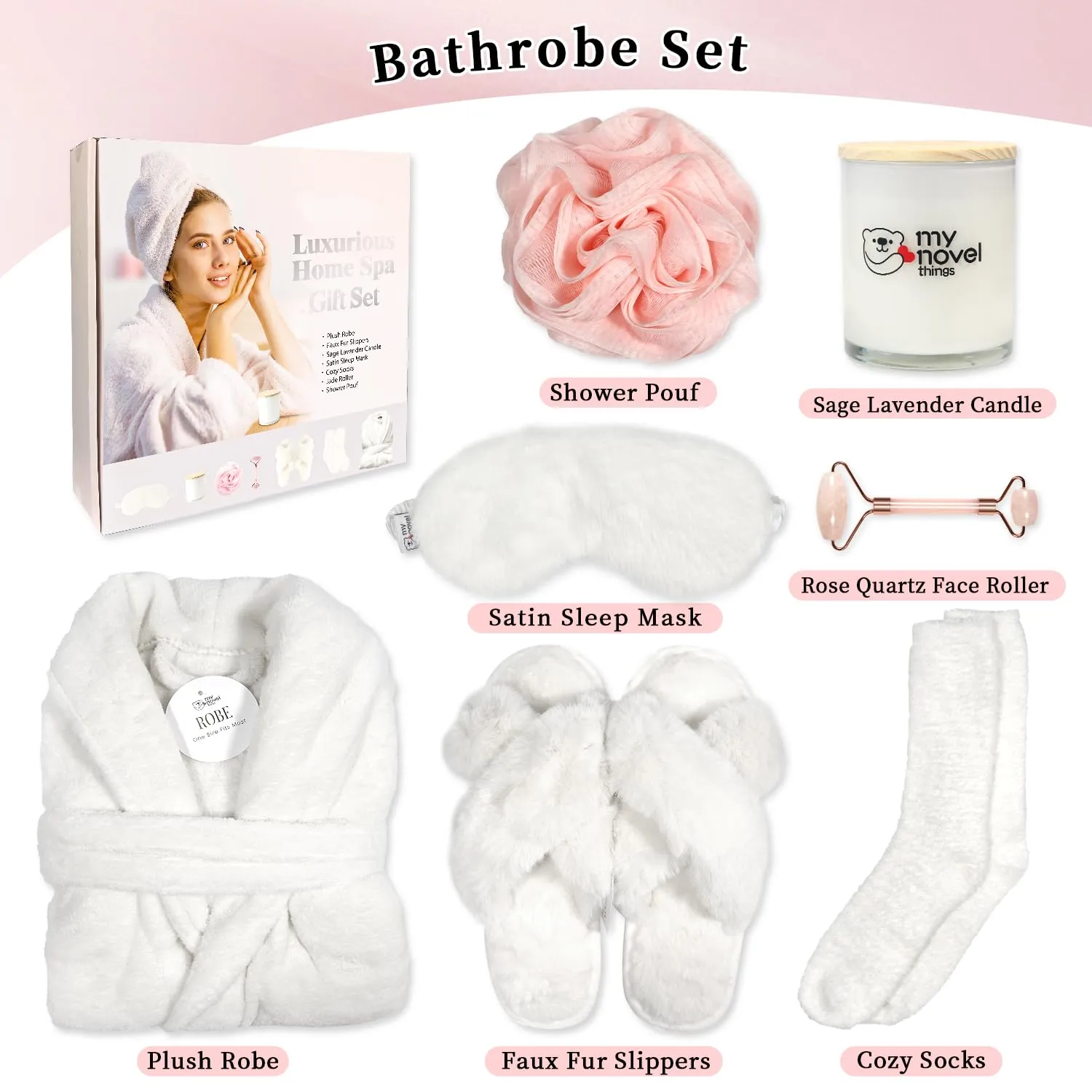 Birthday Gifts For Women, Bathrobe Set With Silky Satin Sleep Mask, Spa Robe and Slippers set, Scented Candle Self Care 7 Pack Set Suitable For Christmas Thanksgiven Day Beige