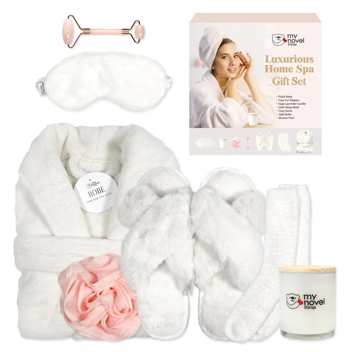 Birthday Gifts For Women, Bathrobe Set With Silky Satin Sleep Mask, Spa Robe and Slippers set, Scented Candle Self Care 7 Pack Set Suitable For Christmas Thanksgiven Day Beige