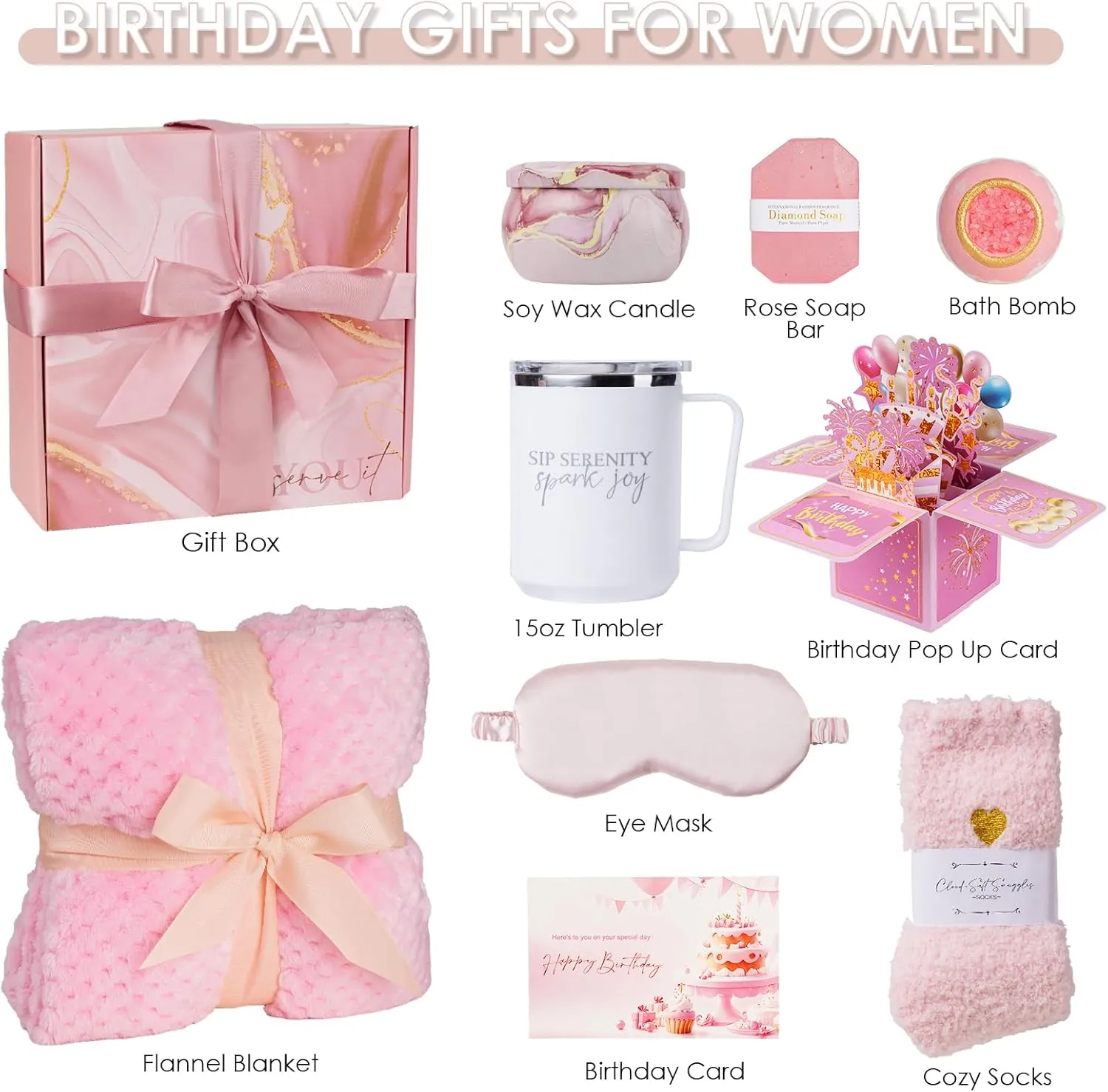 Birthday Gifts For Women Rose Relaxing Spa Gifts Basket 21st 40th 50th Happy Birthday Box for Mom Her Wife Best Friend Sister Grandma Daughter Bestie Aunt Pop Up Card Flannel Blanket Thinking of You