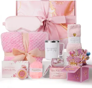 Birthday Gifts For Women Rose Relaxing Spa Gifts Basket 21st 40th 50th Happy Birthday Box for Mom Her Wife Best Friend Sister Grandma Daughter Bestie Aunt Pop Up Card Flannel Blanket Thinking of You