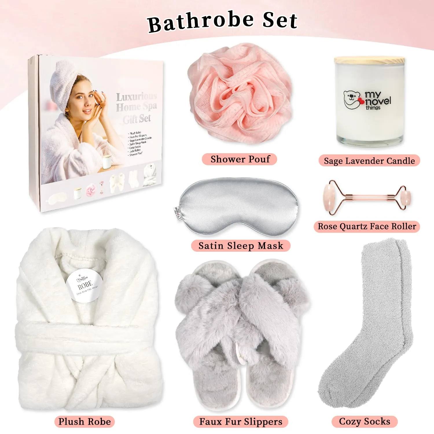 Birthday Gifts for Women,Spa Robe and Slippers Set, Bathrobe With Silky Satin Sleep Mask, Scented Candle Self Care 7 Pack Suitable for Christmas Thanksgiven Day Grey