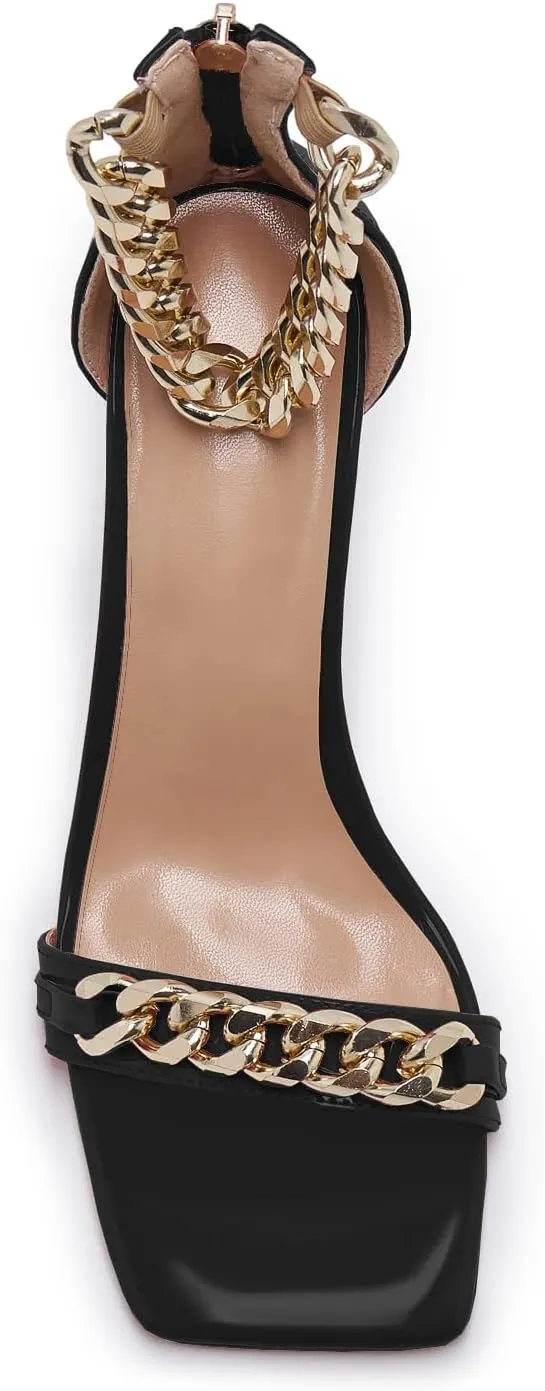 Black and Gold Heels for Women Square Open Toe Stiletto High 3 inch Heels with Back Zip Design