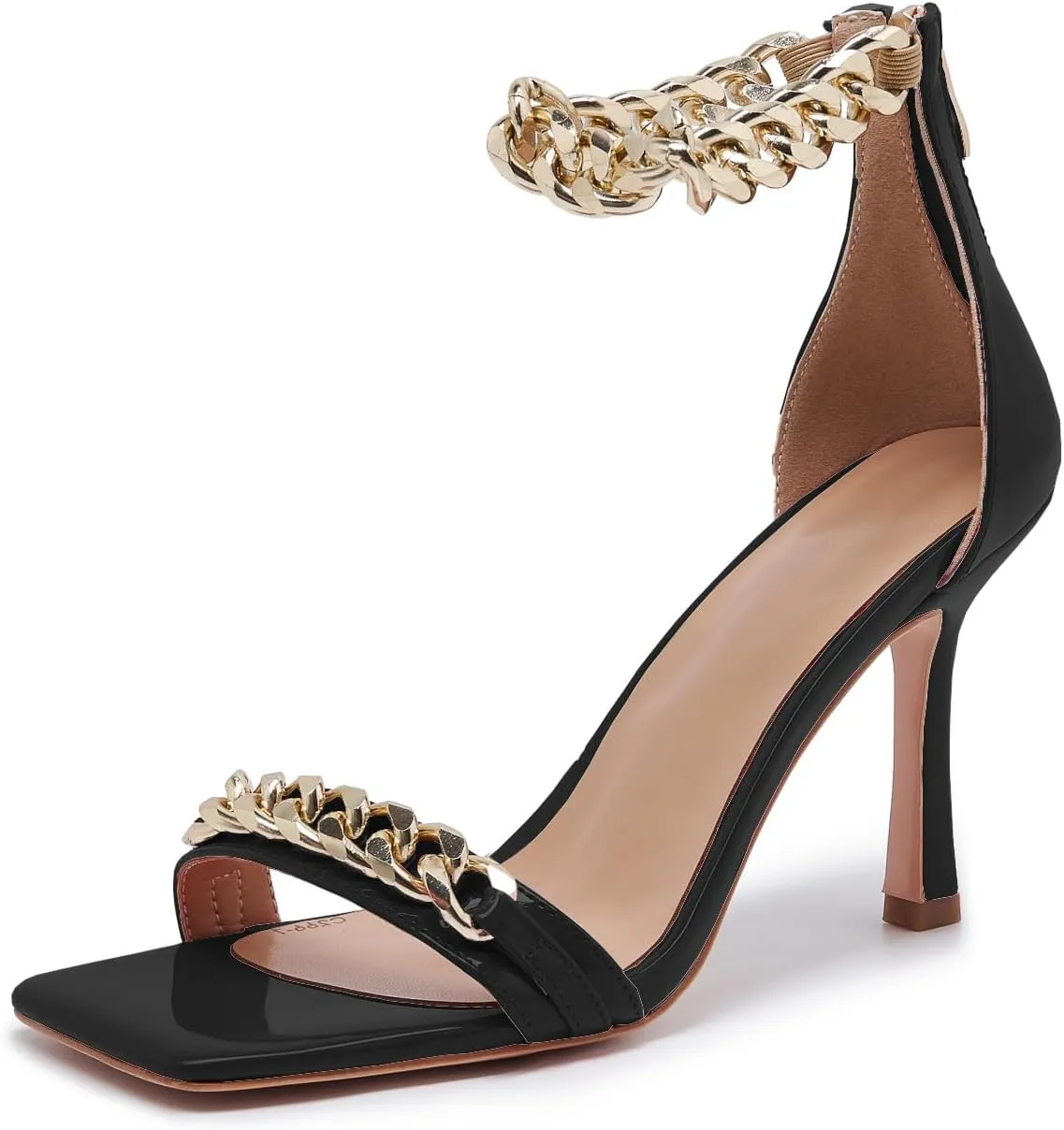 Black and Gold Heels for Women Square Open Toe Stiletto High 3 inch Heels with Back Zip Design