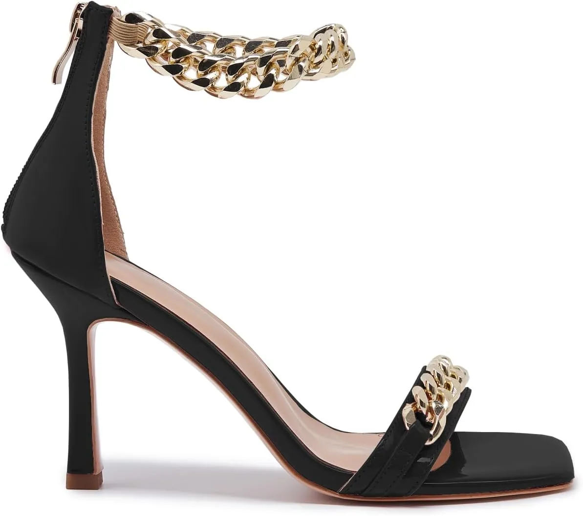 Black and Gold Heels for Women Square Open Toe Stiletto High 3 inch Heels with Back Zip Design
