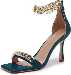 Black and Gold Heels for Women Square Open Toe Stiletto High 3 inch Heels with Back Zip Design
