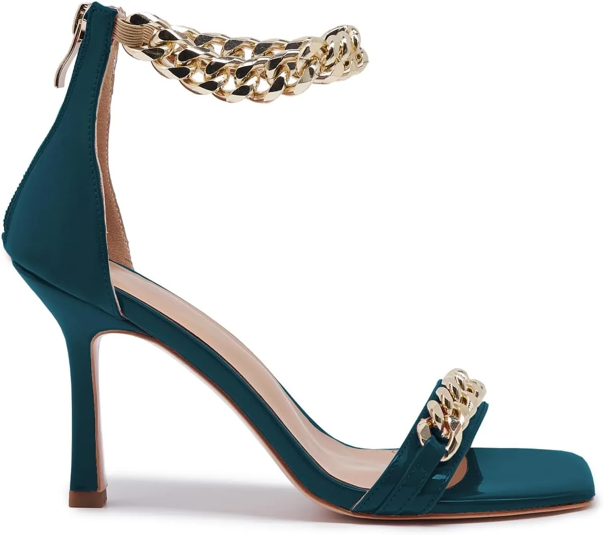 Black and Gold Heels for Women Square Open Toe Stiletto High 3 inch Heels with Back Zip Design