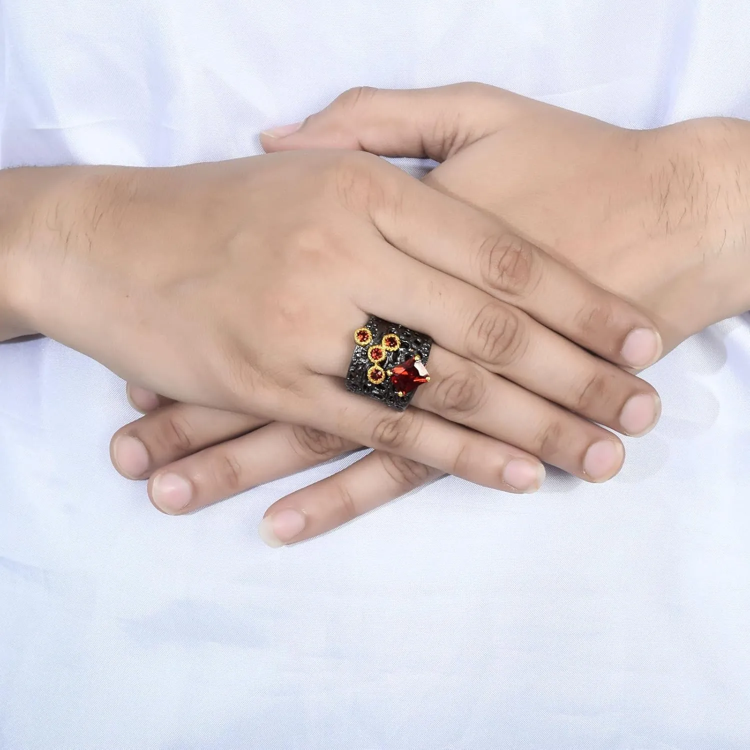 Black Rhodium Gold Plated Natural Gemstone Ring: Handmade 925 Sterling Silver, Unique Pattern Wide Thick Statement Chunky Rings for His & Her Jewelry Gift For Her SC_004