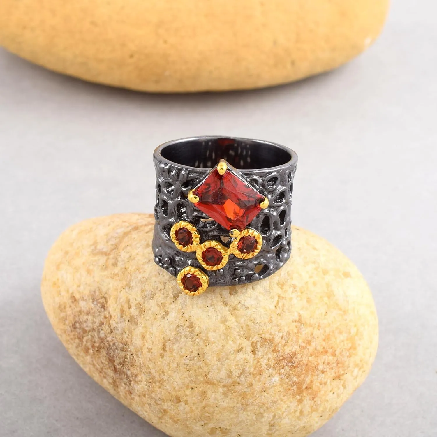 Black Rhodium Gold Plated Natural Gemstone Ring: Handmade 925 Sterling Silver, Unique Pattern Wide Thick Statement Chunky Rings for His & Her Jewelry Gift For Her SC_004