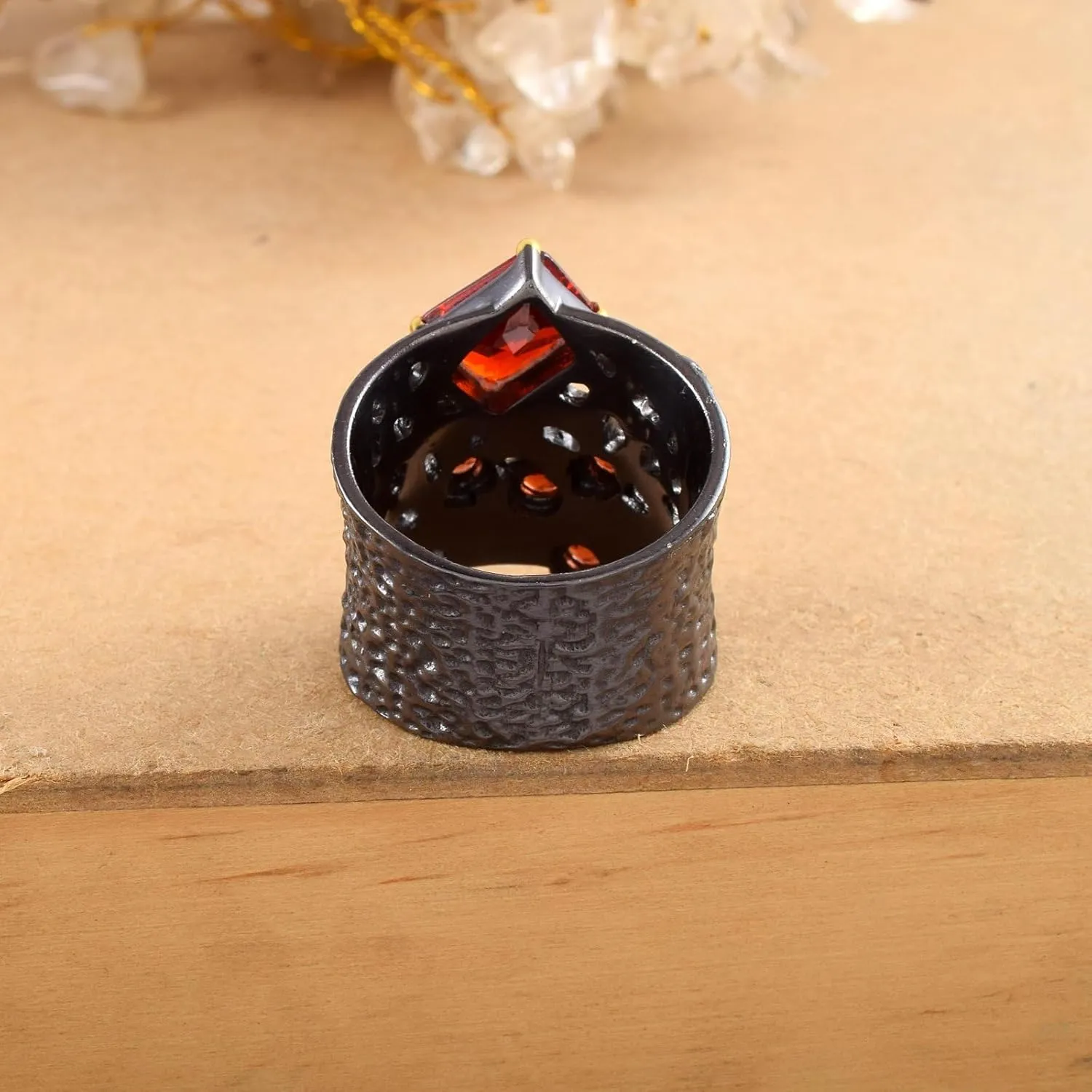 Black Rhodium Gold Plated Natural Gemstone Ring: Handmade 925 Sterling Silver, Unique Pattern Wide Thick Statement Chunky Rings for His & Her Jewelry Gift For Her SC_004