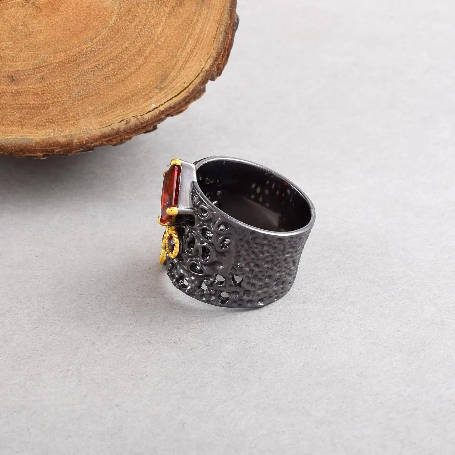 Black Rhodium Gold Plated Natural Gemstone Ring: Handmade 925 Sterling Silver, Unique Pattern Wide Thick Statement Chunky Rings for His & Her Jewelry Gift For Her SC_004