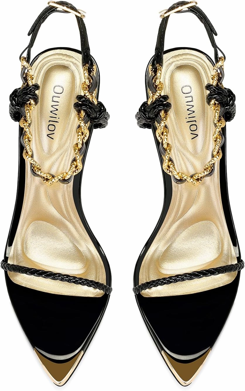 Black Pumps for Women Gold Chain Ankle Strap Open Toe Pointed Toe Stiletto High Heels for Formal Events Weddings Parties and Evening Wear