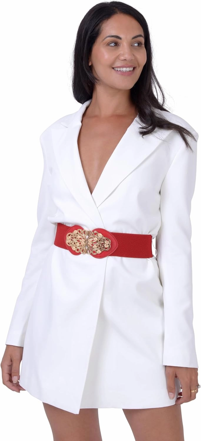 BlackButterfly Wide Elastic Cinch Stretch Waistband Retro Gold Medusa Buckle Waist Belt