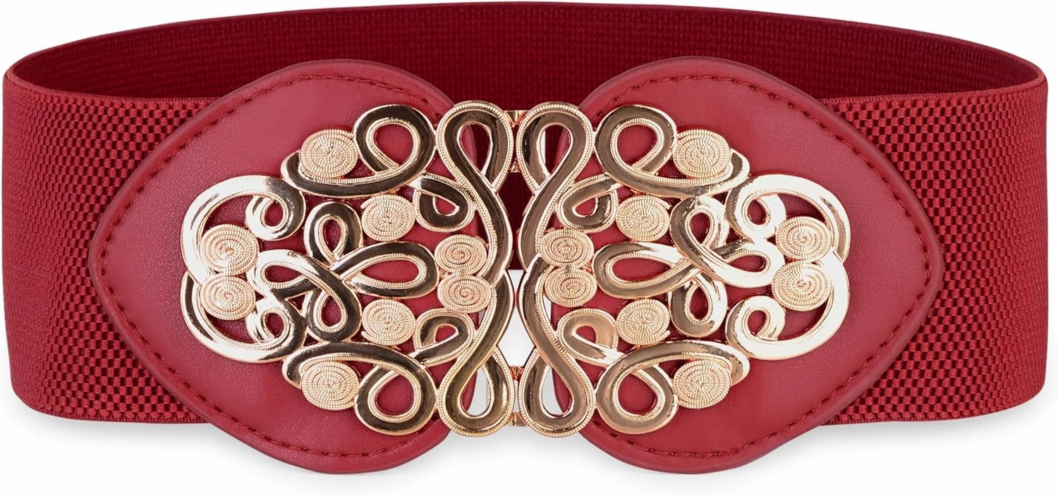 BlackButterfly Wide Elastic Cinch Stretch Waistband Retro Gold Medusa Buckle Waist Belt