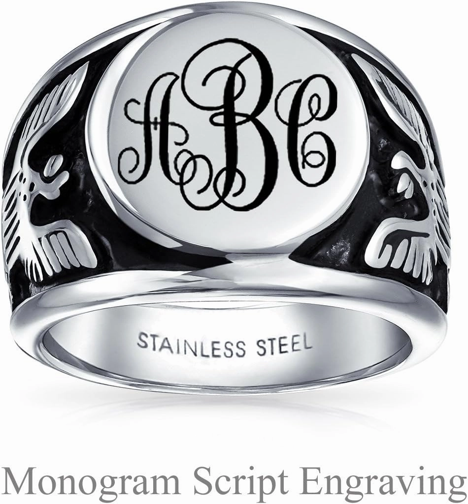 Bling Jewelry Personalize Mens Large Statement Patriotic USA Initials Monogram Round American Bald Eagle Signet Ring For Men Gold Plated Oxidized Silver Tone Stainless Steel