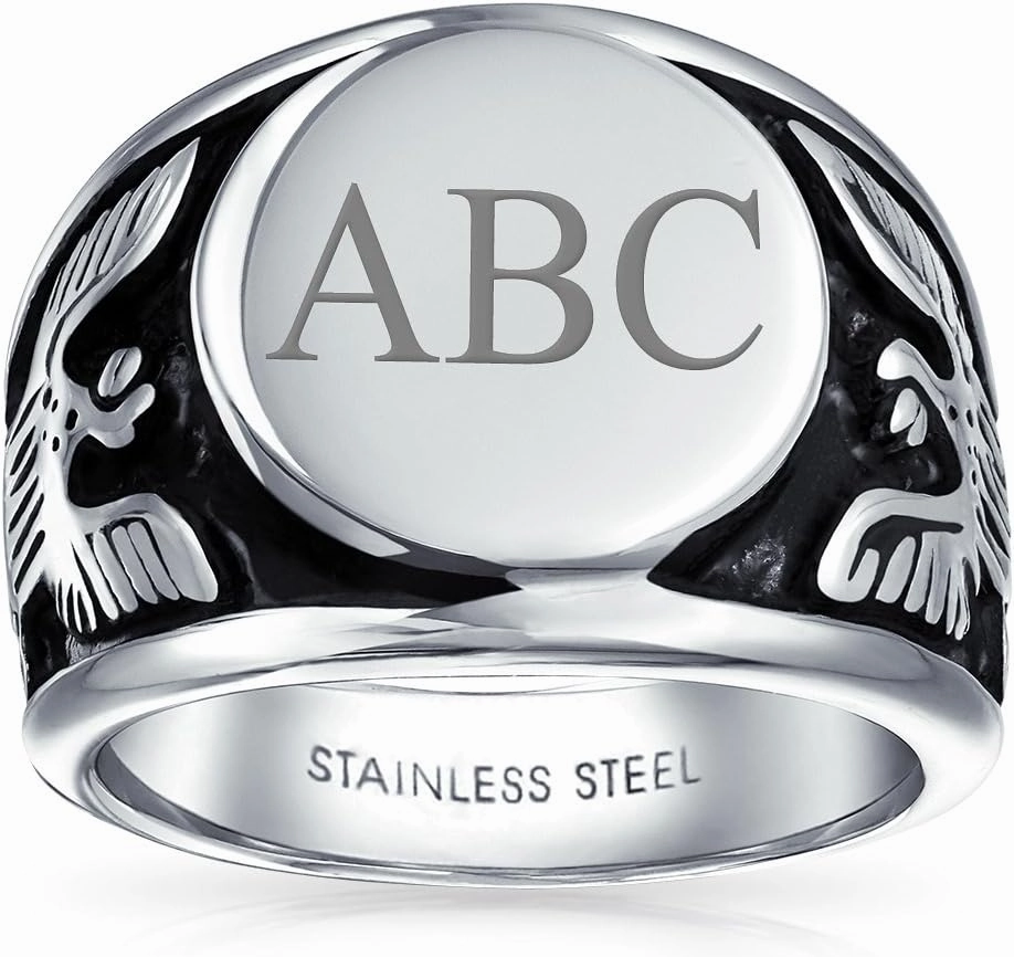 Bling Jewelry Personalize Mens Large Statement Patriotic USA Initials Monogram Round American Bald Eagle Signet Ring For Men Gold Plated Oxidized Silver Tone Stainless Steel