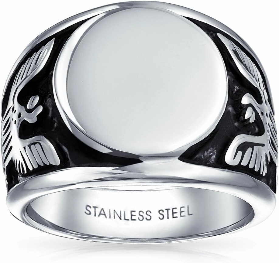 Bling Jewelry Personalize Mens Large Statement Patriotic USA Initials Monogram Round American Bald Eagle Signet Ring For Men Gold Plated Oxidized Silver Tone Stainless Steel