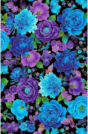 Blue Metallic Floral Utopia by Chong-A Hwang for Timeless Treasures Fabric by The Yard