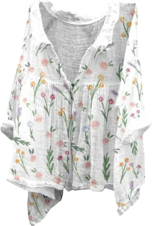 Boho Floral Blouses for Women Babydoll Linen Shirts 2025 Casual Summer 3/4 Sleeve V-Neck Button Down Peasant Tops