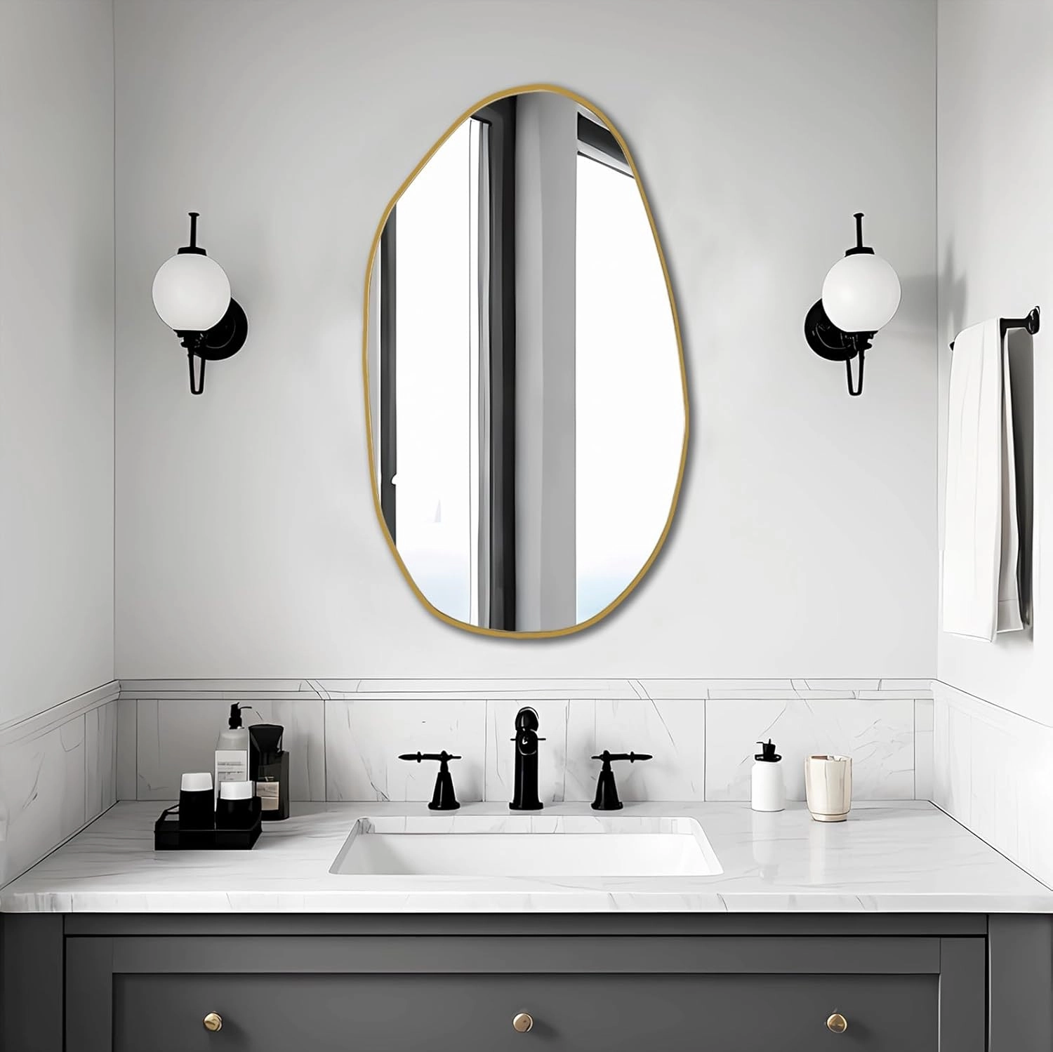 BOMINICA Irregular Wall Mirror Asymmetrical Mirror, Decorative Wall Mirror Golden Wood Framed, Wall Mounted Mirror for Bathroom Living Room Entryway Bedroom Hallway (Gold, 19.5" x 33.5")