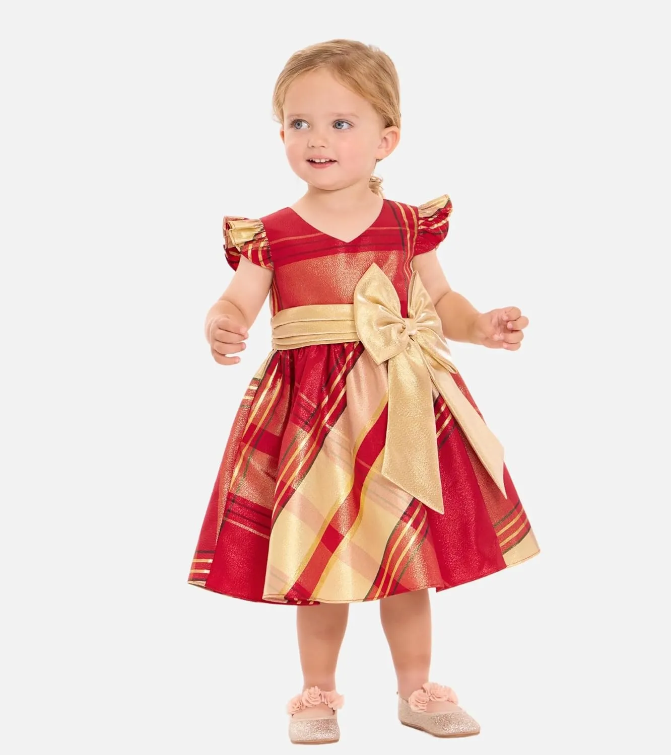 Bonnie Jean Girls 2T-16 Metallic Plaid Taffeta Christmas Bow Dress