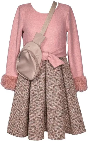 Bonnie Jean Girls 4-16 Pink Crepe Tan Boucle’ Knit Dress X-Body Bag