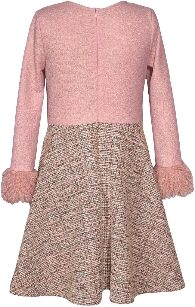 Bonnie Jean Girls 4-16 Pink Crepe Tan Boucle’ Knit Dress X-Body Bag
