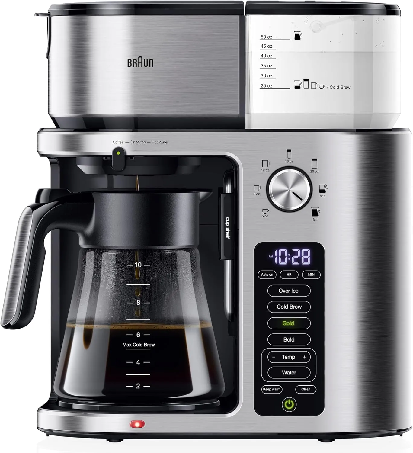 Braun MultiServe Plus 10-Cup Carafe Drip Coffee Maker With Hot Water Dispenser - Programmable, Hot & Cold Brew Machine with 7 Brewing Sizes - Tea & Over Ice Function, Stainless Steel, KF9370SI