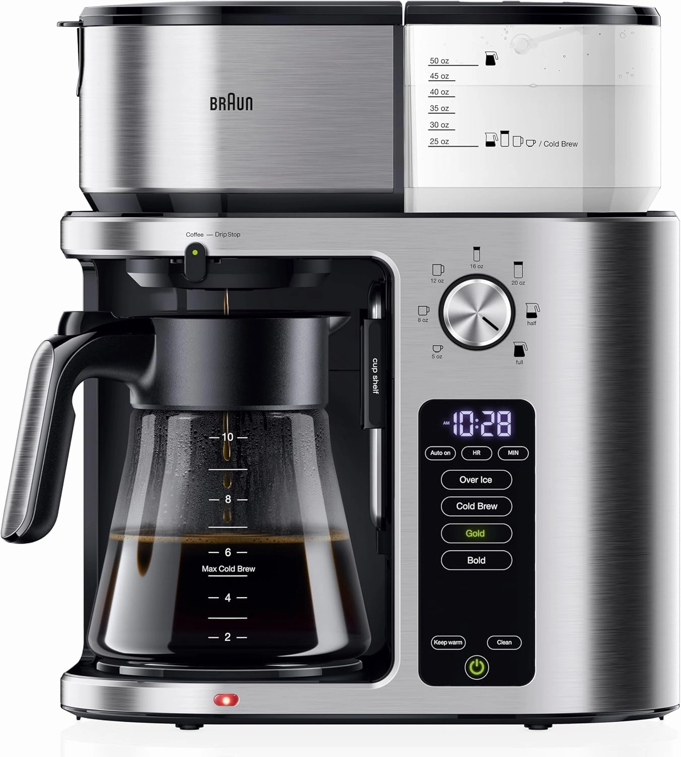 Braun MultiServe Plus 10-Cup Carafe Drip Coffee Maker - Programmable, Hot & Cold Brew Machine with 7 Brewing Sizes, Over Ice Function, Stainless Steel & Pod-Free Design, KF9370SI