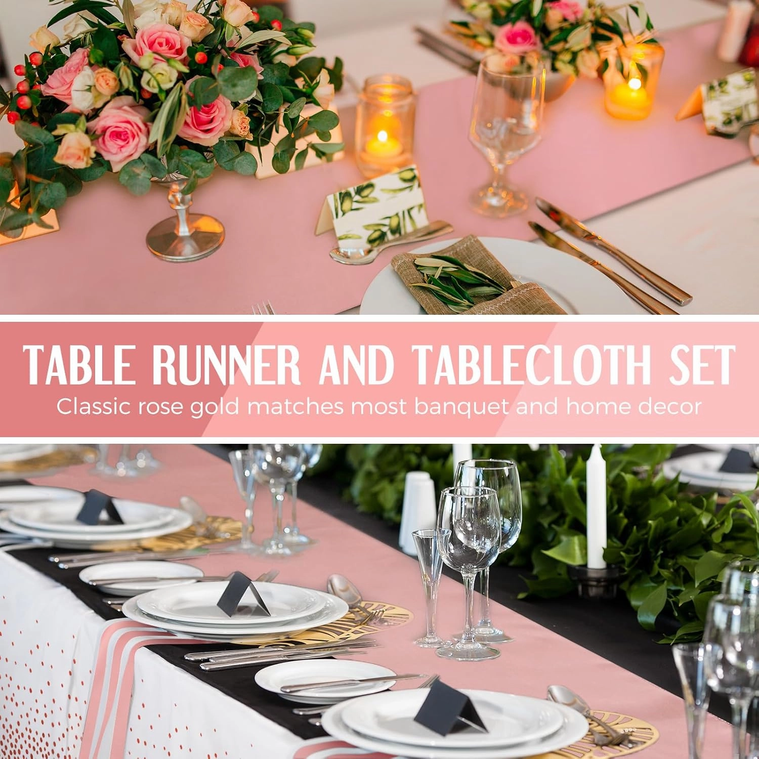 Breling 8 Pack White and Rose Gold Disposable Plastic Tablecloths and Satin Table Runner Set, 54 x 108 Inch Tablecloth, 12 x 108 Inch Table Runners for Wedding Graduation Birthday Baby Shower New Year