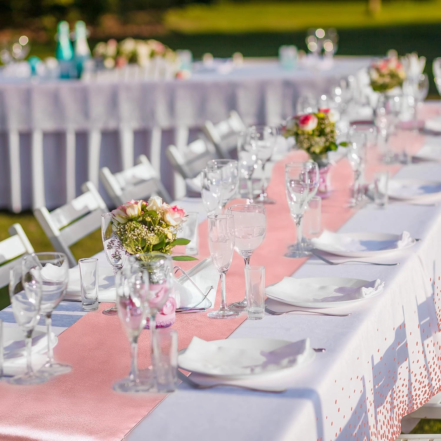 Breling 8 Pack White and Rose Gold Disposable Plastic Tablecloths and Satin Table Runner Set, 54 x 108 Inch Tablecloth, 12 x 108 Inch Table Runners for Wedding Graduation Birthday Baby Shower New Year