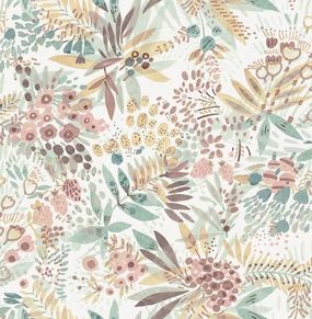 Brewster Home Fashions Nuwallpaper None Flowers Teal Peach Wallpaper