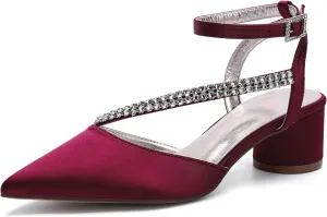 Bridal Shoes Low Heel Rhinestones Satin Strappy Wedding Shoes 4.5CM Pointed Closed Toe Women Party Ankle Strap Sandals Pumps for Prom,Wine red,8.5