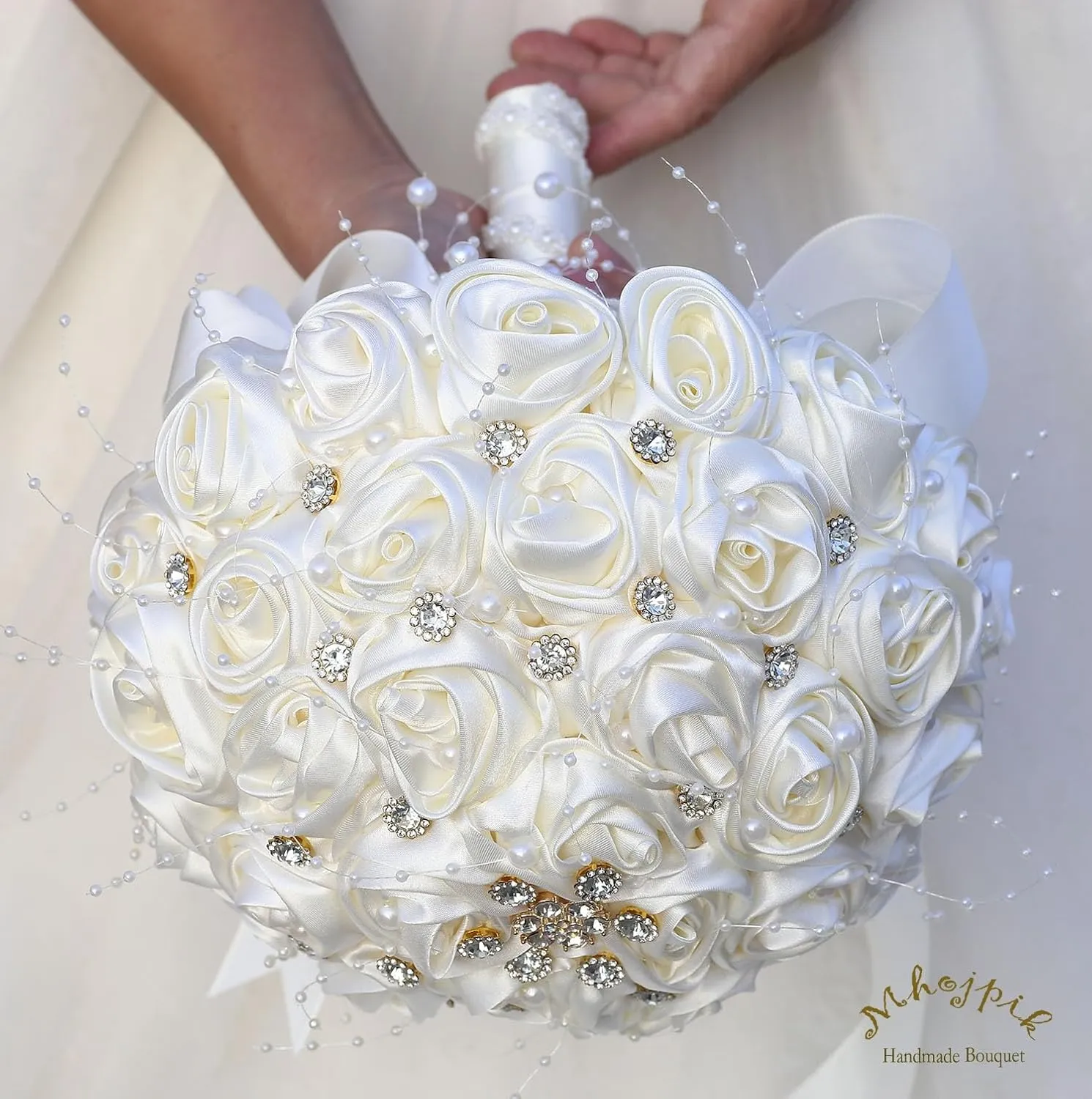 Bridal Wedding Bouquet Round Bling Brooch Bouquet Throw Toss Artificial Rose Flower Bunch for Bride Bridesmaid Wedding Quinceanera(Ivory, 6.3")