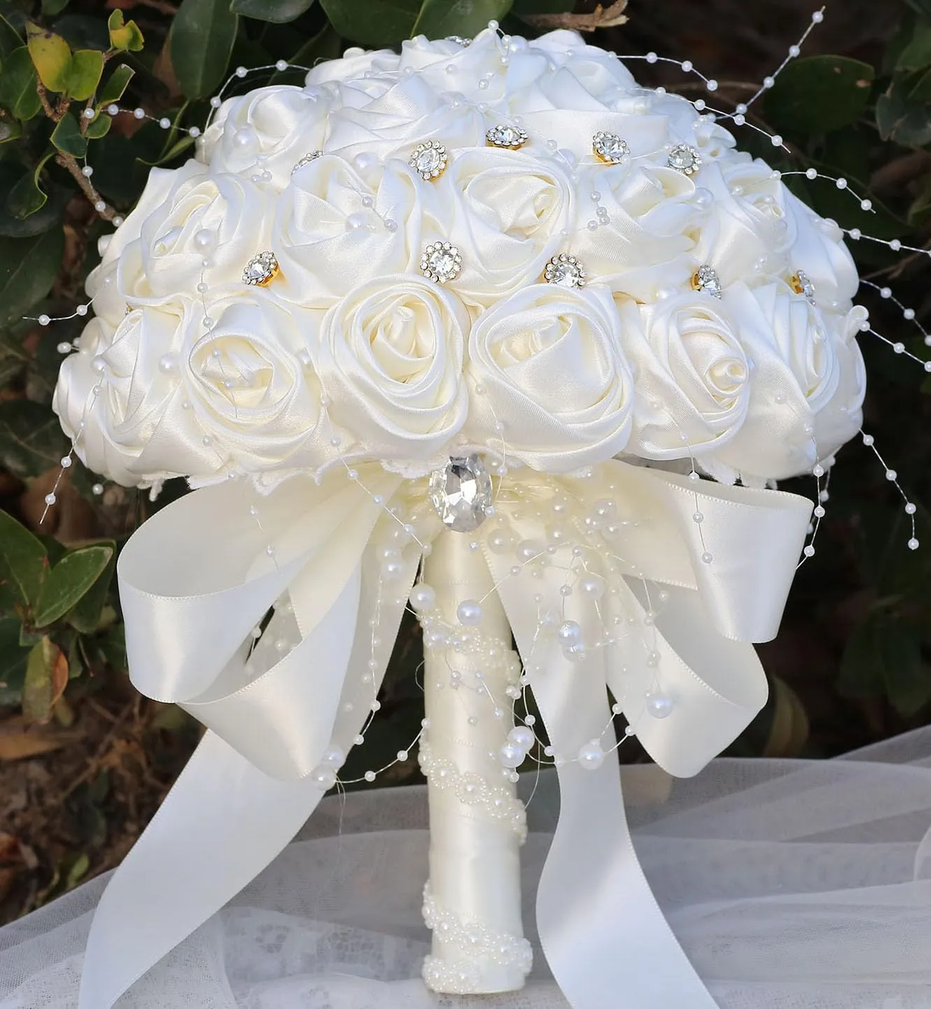 Bridal Wedding Bouquet Round Bling Brooch Bouquet Throw Toss Artificial Rose Flower Bunch for Bride Bridesmaid Wedding Quinceanera(Ivory, 6.3")