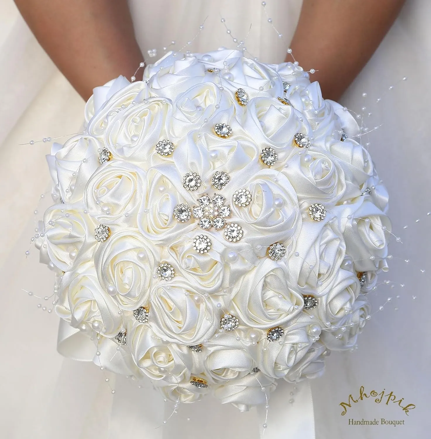 Bridal Wedding Bouquet Round Bling Brooch Bouquet Throw Toss Artificial Rose Flower Bunch for Bride Bridesmaid Wedding Quinceanera(Ivory, 6.3")