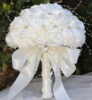 Bridal Wedding Bouquet Round Bling Brooch Bouquet Throw Toss Artificial Rose Flower Bunch for Bride Bridesmaid Wedding Quinceanera(Ivory, 6.3")