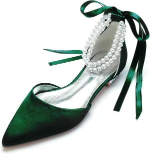 Bride Low Heel for Women Wedding Shoes Pointed Toe Closed Bridal Court Shoes Ankle Strap Pumps Sandals Bowknot Comfortable Pearl,Dark green,11.5