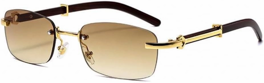 Brown Gradient Tint Vintage Woodgrain Rimless Men Women Gold Frame Rectangle Sun Glasses Vintage Woodgrain Square Shades 90s Retro Unisex Hip Hop Frameless Stylish Designer Wood Arm Sunglasses