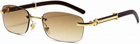 Brown Gradient Tint Vintage Woodgrain Rimless Men Women Gold Frame Rectangle Sun Glasses Vintage Woodgrain Square Shades 90s Retro Unisex Hip Hop Frameless Stylish Designer Wood Arm Sunglasses