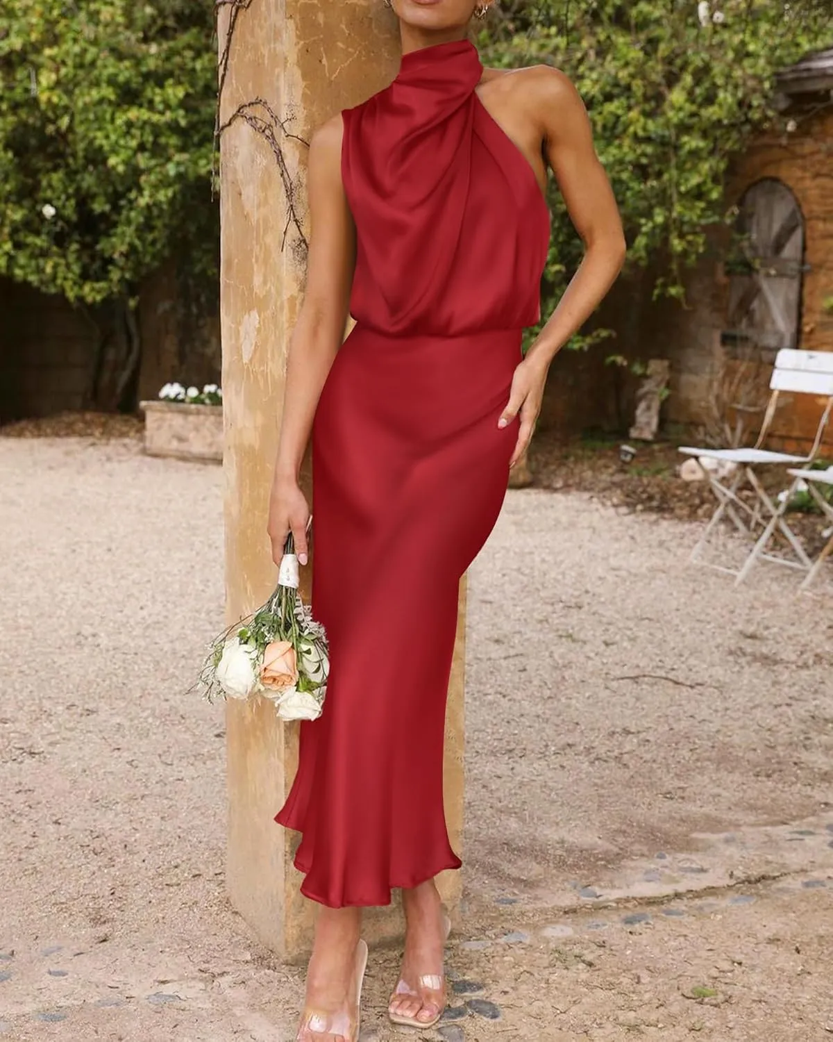 BTFBM Womens Sleeveless Cocktail Dresses Mock Neck Keyhole Elastic High Waist Evening Party Maxi Wedding Guest Dress