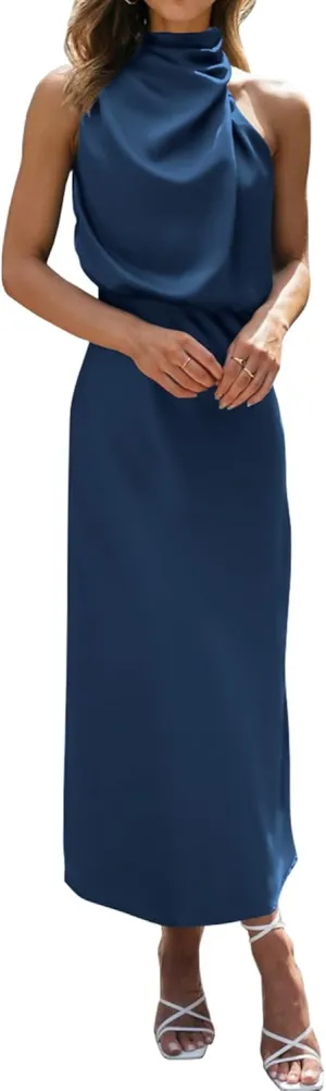 BTFBM Womens Sleeveless Cocktail Dresses Mock Neck Keyhole Elastic High Waist Evening Party Maxi Wedding Guest Dress